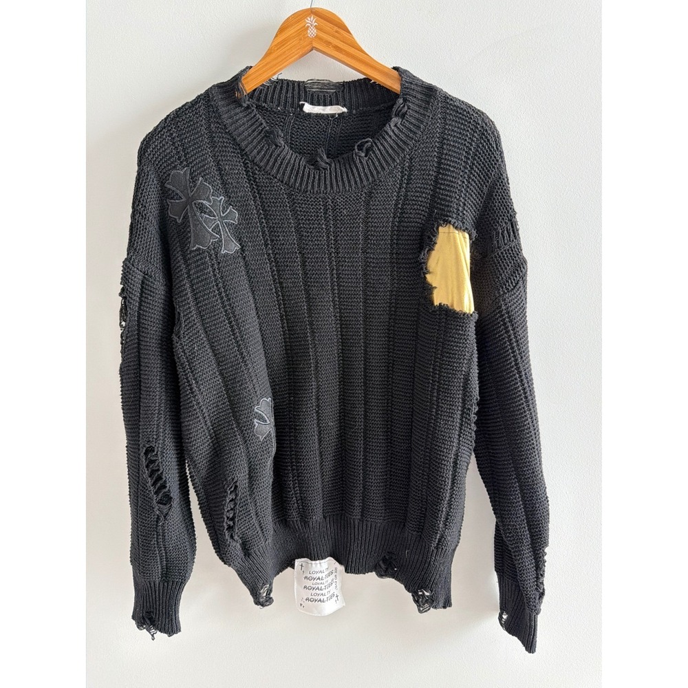 GODZ Destroyed Cross Sweater Large Black Grunge Goth Distressed Punk Y2K